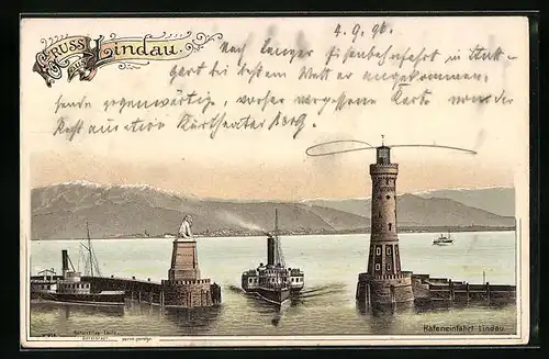 Lithographie Lindau i. B., Hafeneinfahrt mit Leuchtturm
