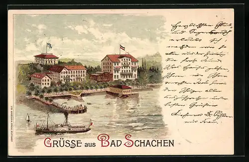 Lithographie Bad Schachen, Ortsansicht mit Hotels