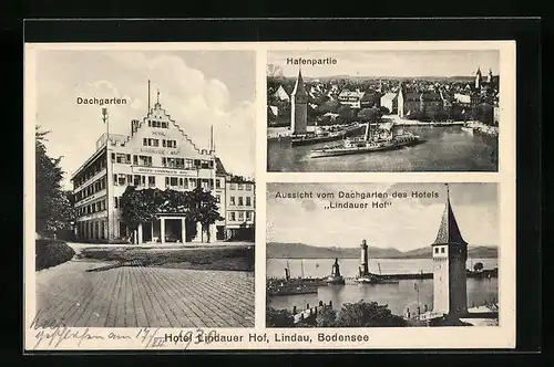 AK Lindau i. B., Hafenpartie, Hotel Lindauer Hof - Gebäudeansicht und Ausicht vom Dachgarten