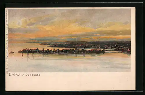 Lithographie Lindau i. B., Ortsansicht in der Abenddämmerung