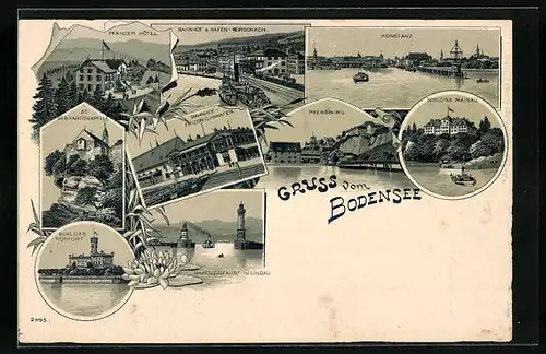 Lithographie Konstanz, Bodensee mit Ortsansichten Konstanz, Meersburg, Rorschach, Pfänder-Hotel, Hafeneinfahrt Lindau