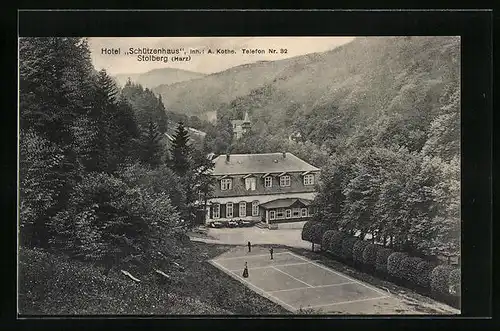 AK Stolberg /Harz, Hotel Schützenhaus mit Tennisplatz aus der Vogelschau