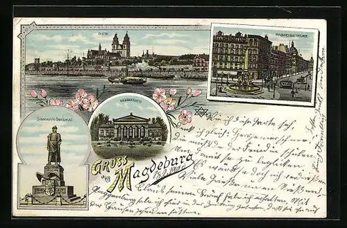 Lithographie Magdeburg, Ortsansicht mit Dom, Hasselbachplatz