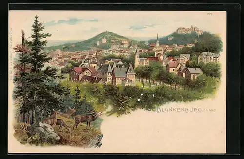 Lithographie Blankenburg /Harz, Ortsansicht mit Hirschen am Waldrand
