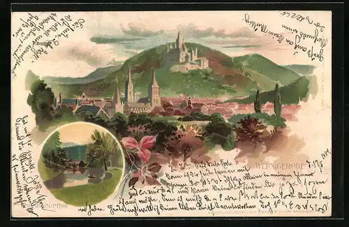 Lithographie Wernigerode /Harz, Ortsansicht mit Burg, Wasserpartie