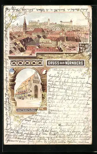 Lithographie Nürnberg, Totalansicht mit Bratwurstgöckl