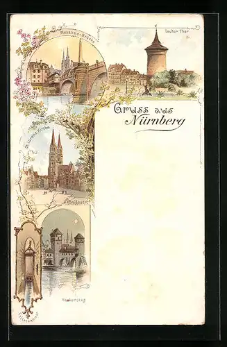 Lithographie Nürnberg, Museumsbrücke, Lauter Thor, St. Lorenz Kirche, Heukersteg