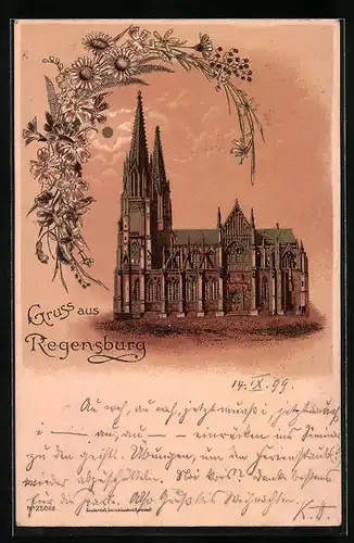 Mondschein-Lithographie Regensburg, Blick zur Kirche