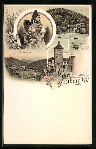 Lithographie Freiburg, Waldsee, Schwaben-Thor, Waldsee, Güntersthal
