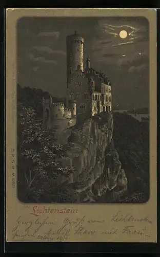 Mondschein-Lithographie Lichtenstein, Schloss bei Nacht