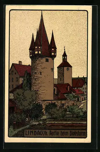 Steindruck-AK Lindau i. B., Partie beim Diebsturm