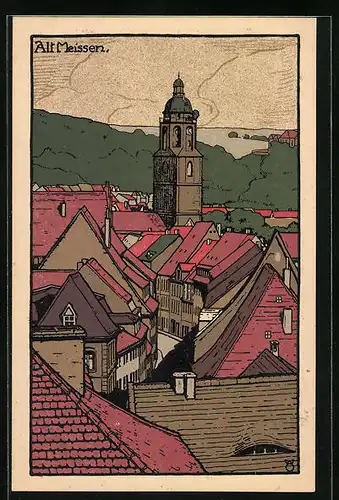 Steindruck-AK Alt Meissen, Ortspartie mit Kirche