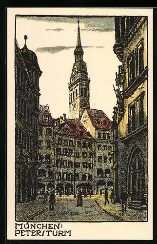 Steindruck-AK München, Petersturm