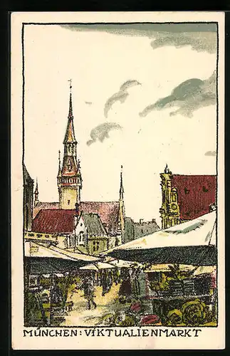 Steindruck-AK München, Viktualienmarkt