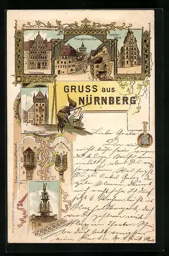 Lithographie Nürnberg, Nassauer Haus, Thiergärtner Thor, Tugendbrunnen