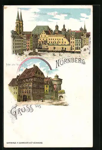 Lithographie Nürnberg, Marktplatz mit Sebalduskirche, Albrecht Dürer Haus