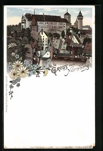Lithographie Nürnberg, Teilansicht mit Burg