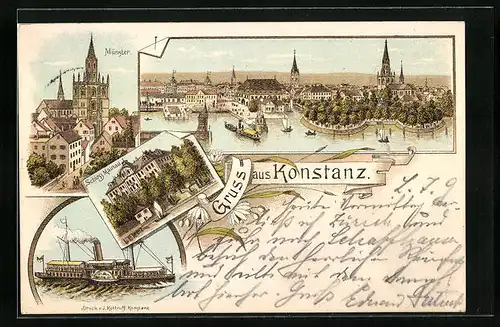 Lithographie Konstanz, Schloss Mainau, Münster, Dampfer im Hafen