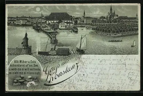 Mondschein-Lithographie Konstanz, Teilansicht vom Ort mit Hafen