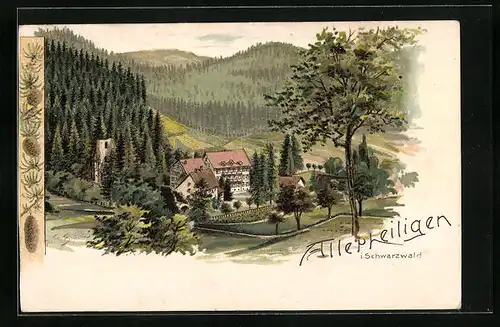 Lithographie Allerheiligen /Schwarzwald, Ortsansicht mit bewaldeten Hügeln