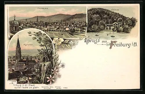 Lithographie Freiburg i. B., Münster im Stadtbild, Waldsee mit Gasthaus