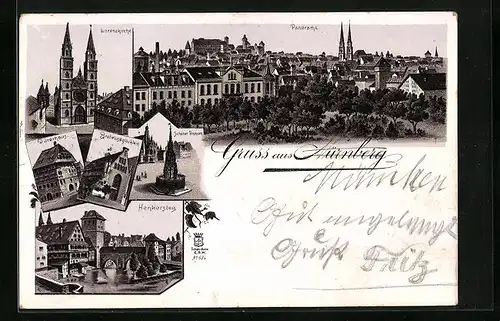 Lithographie Nürnberg, Gasthof Bratwurstglöcklein, Dürerhaus, Henkersteg