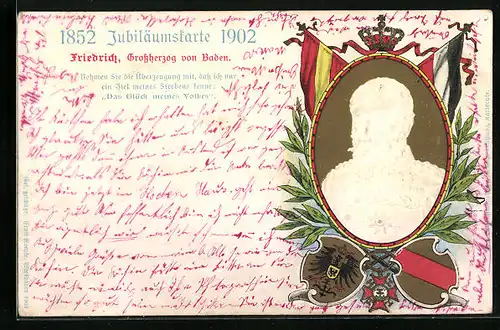 AK Portrait des Grossherzogs Friedrich von Baden, Wappen, 50-järiges Jubiläum