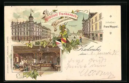 Lithographie Karlsruhe, Restaurant Frankeneck u. Grossherzogliches Schloss, Karlfriedrichstr. 1, Innenansicht