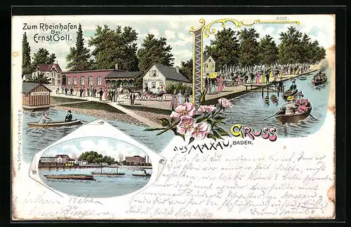 Lithographie Maxau /Baden, Gasthaus Zum Rheinhafen, Garten, Uferpartie mit Booten