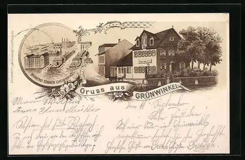 Lithographie Grünwinkel, Gasthaus zum Hirsch, Brauerei Sinner Grünwinkel