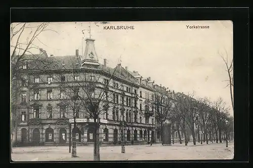 AK Karlsruhe, Yorkstrasse mit Gasthaus