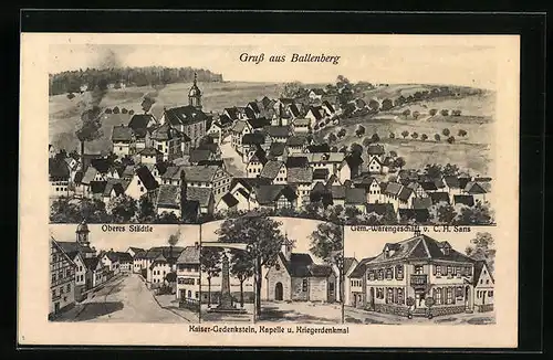 AK Ballenberg, Gemischt-Warengeschäft v. C. H. Sans, Kaiser-Gedenkstein, Kapelle und Kriegerdenkmal, Oberers Städtle