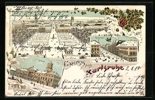 Winter-Lithographie Karlsruhe, Kaiserstrasse mit Geschäft und Strassenbahn, Rathaus, Teilansicht
