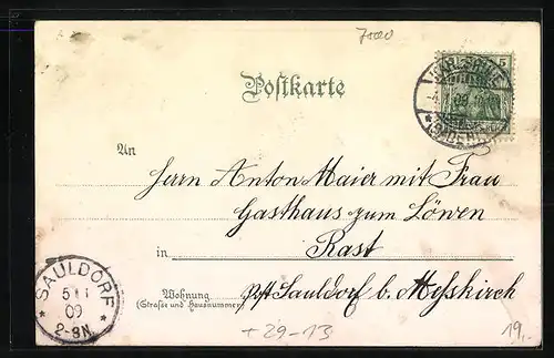 Winter-Lithographie Karlsruhe, Kaiserstrasse mit Geschäft und Strassenbahn, Rathaus, Teilansicht