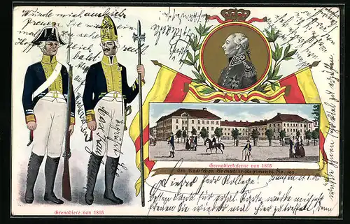 Lithographie Karlsruhe, Grenadierkaserne von 1803 des Badischen Grenadier-Regiments No. 109, Grenadiere von 1803