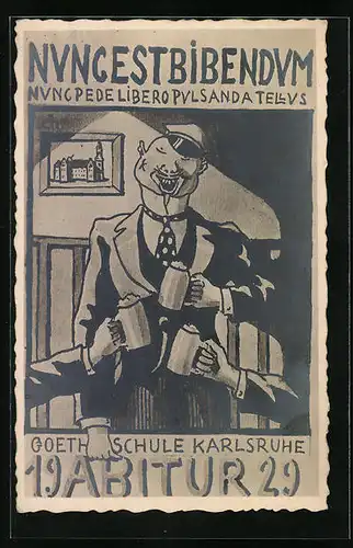 Künstler-AK Karlsruhe, Abitur 1929 an der Goetheschule - Feiernder Schüler mit Bierkrügen