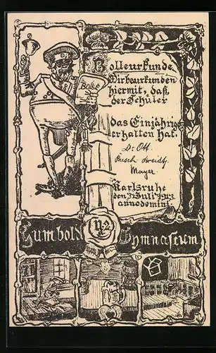Künstler-AK Karlsruhe, Bolleurkunde zum Einjährigen am Humboldt-Gymnasium
