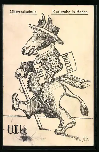 Künstler-AK Karlsruhe, Esel mit Bollezeugnis 1911 der Oberrealschule
