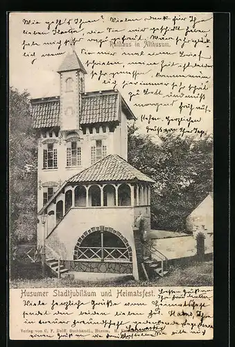 AK Husum, Karte zum Stadtjubiläum und Heimatsfest - Historisches Gebäude mit Turm und Veranda