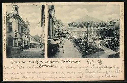 AK Karlsruhe, Hotel-Restaurant Friedrichshof - Ansicht von der Strasse aus, Terrasse mit Gästen