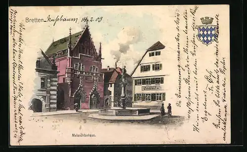 Künstler-AK Eugen Felle: Bretten, Melanchtonhaus mit Denkmal, Wappen