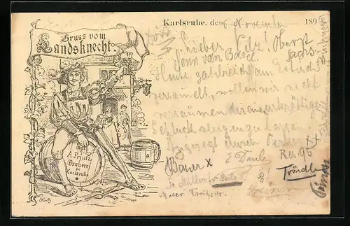 Vorläufer-Künstler-AK Karlsruhe, 1895, Schleichers Cafe-Restaurant zum Landsknecht - Gebäude mit zechendem Landsknecht