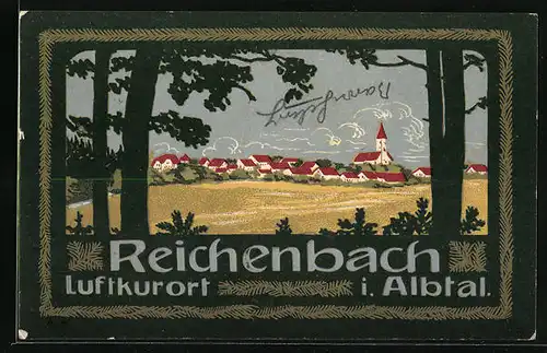 Künstler-AK Reichenbach i. Albtal, Gesamtansicht, von Bäumen und Tannengirlande eingerahmt