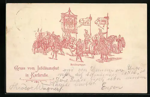 Künstler-AK Karlsruhe, Jubiläumsfest - Reichsgruppe (Ritterheer mit Standarten)