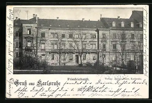 AK Karlsruhe, Friedrichstift - Gebäudeansicht aus der Vogelschau