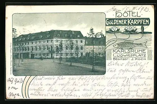 Künstler-AK Karlsruhe, Hotel Goldener Karpfen am Ludwigsplatz, Forelle im Wasser mit Seerosen