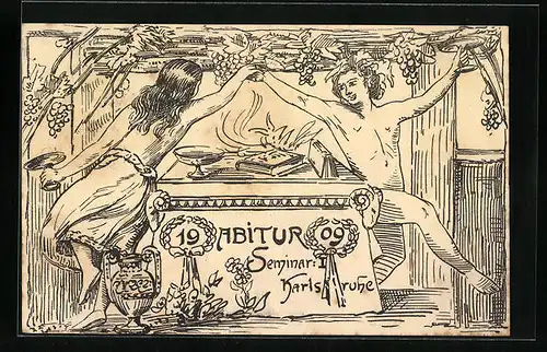 Künstler-AK Karlsruhe, Abitur 1909 - Bücherverbrennung mit feierndem antikem Paar