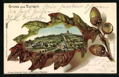 Passepartout-Lithographie Durlach, Ansicht vom Turmberg auf Eichenblatt