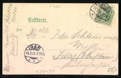 Passepartout-Lithographie Durlach, Ansicht vom Turmberg auf Eichenblatt