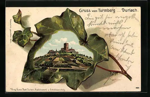 Passepartout-Lithographie Durlach, Ansicht vom Turmberg auf Efeublatt